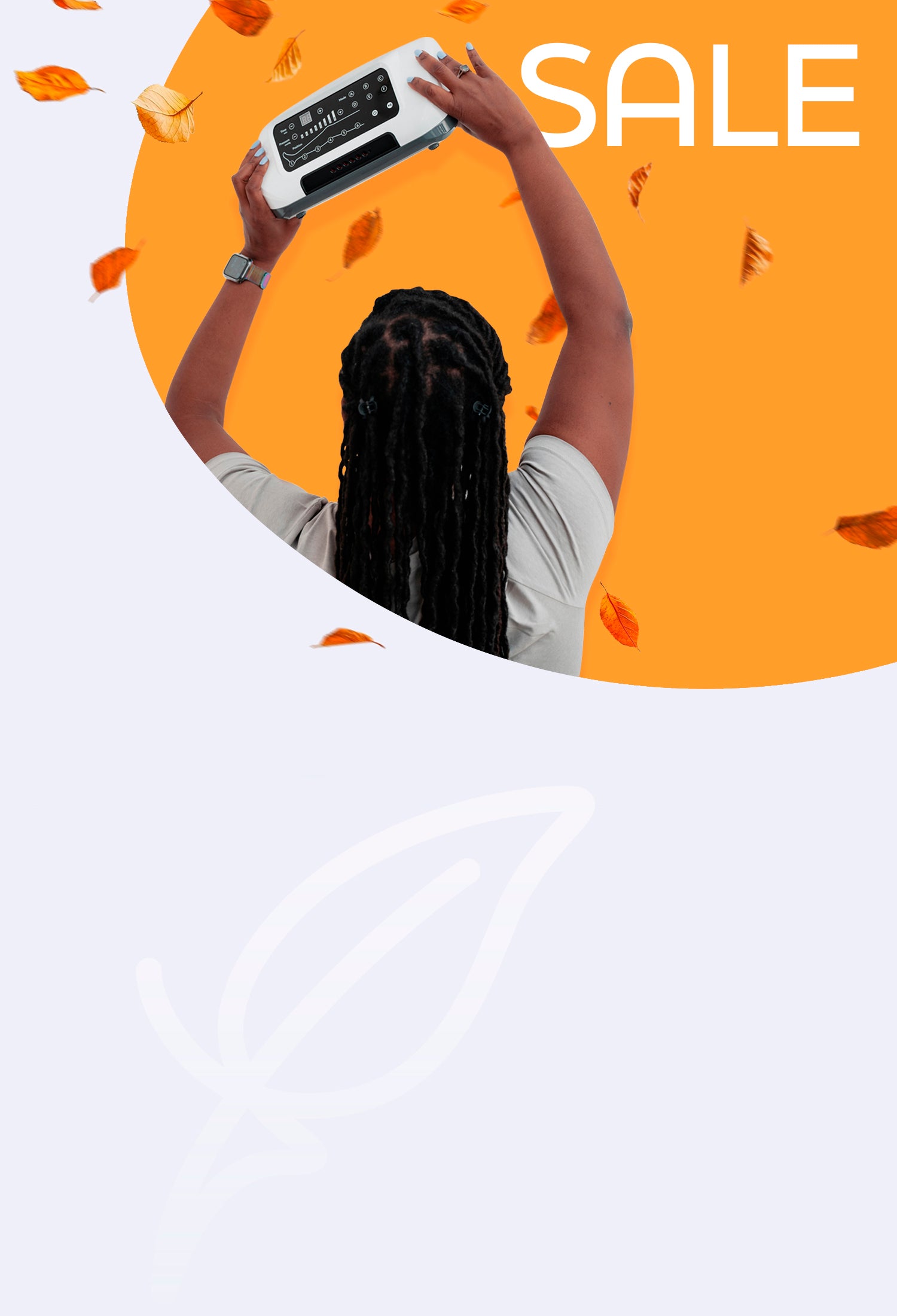 Venen Engel: Herbst Sale in mobile Format, Frau hält Kompressionsmassagegerät hoch vor blauem und orangenen Hintergrund