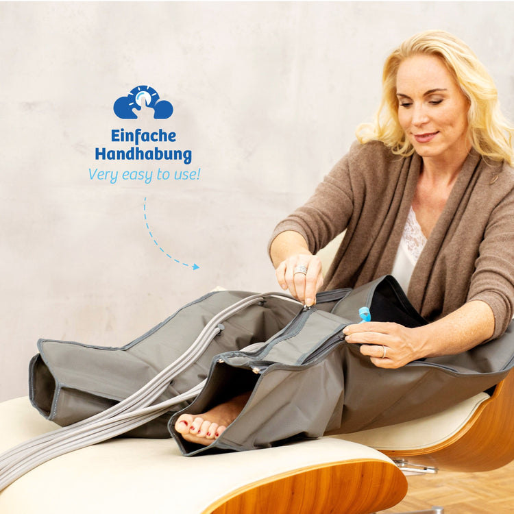 Venen Engel: Frau benutzt erweiterungslasche für Hosenmanschette